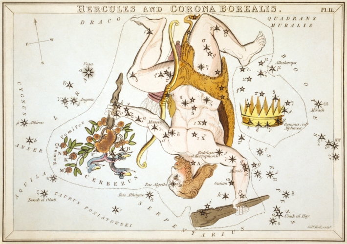 Simbolul Constelatiilor Hercule si Corona Borealis, Foto: en.wikipedia.org/wiki/Corona_Borealis#mediaviewer/File:Sidney_Hall_-_Urania%27s_Mirror_-_Hercules_and_Corona_Borealis.jpg