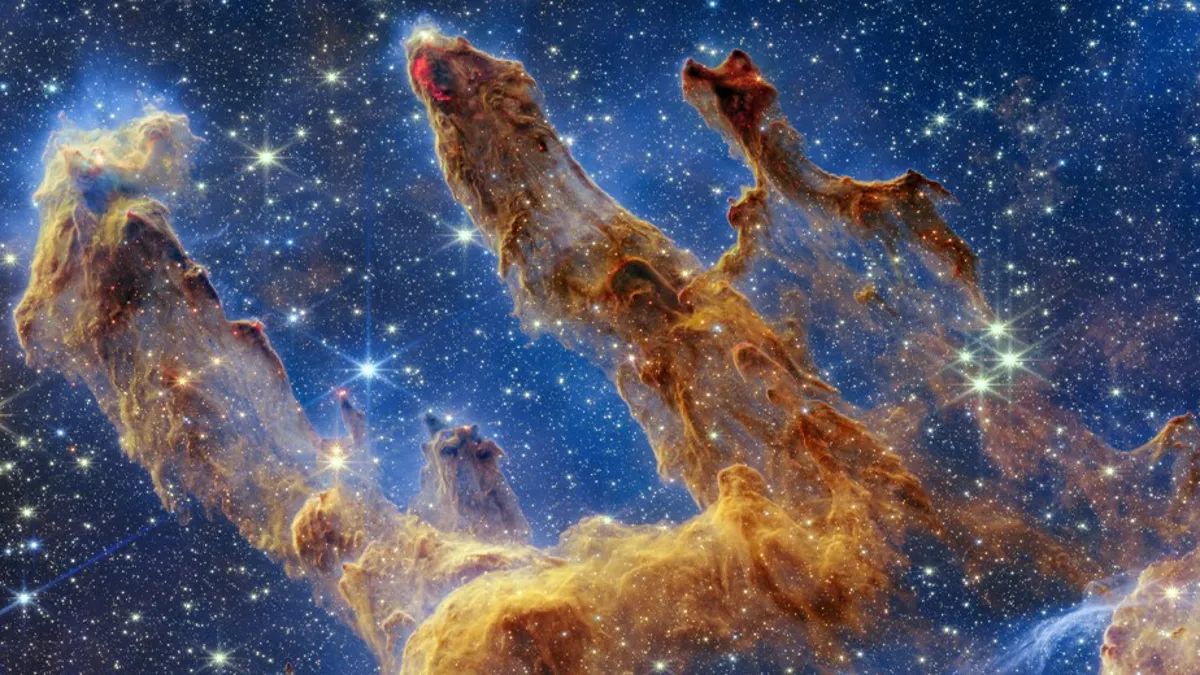 Stâlpii Creației, în Nebuloasa Vultur, la 7.000 de ani lumină de pământ, fotografiați de Telescopul Spațial Hubble, NASA